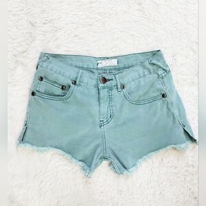 Free People Distressed Denim Jean Shorts Size 25 Turquoise Green Raw Frayed Hem